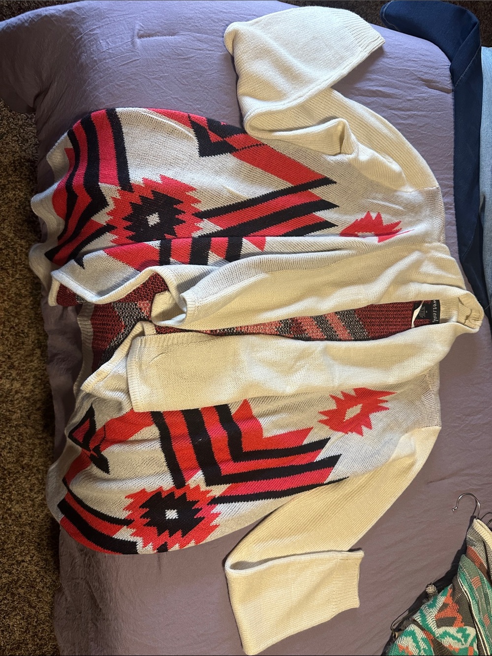 Cream Aztec Open-Front Knit Cardigan Sweater - Women